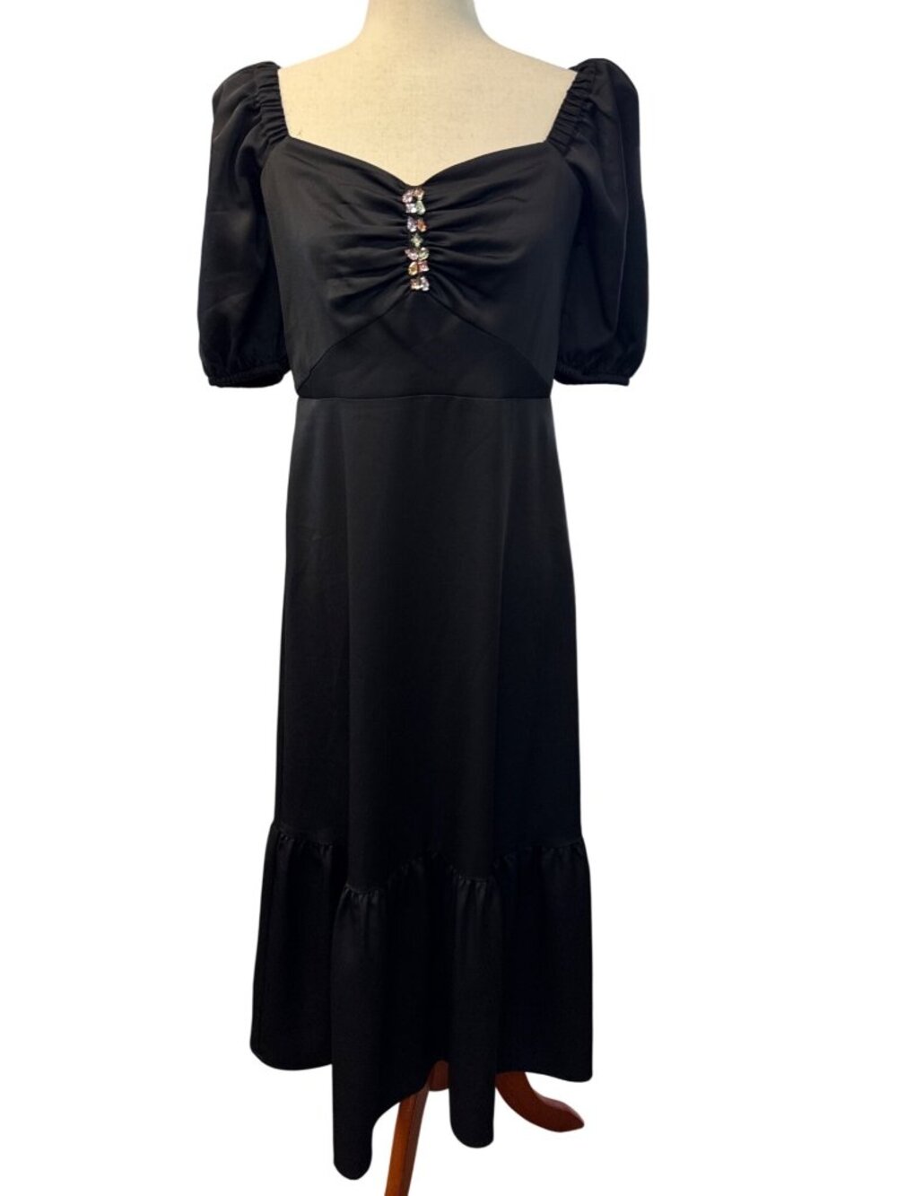 Anne Klein Women's Rhinestone Puff-Sleeve Midi Dress~Size 2~Black NWT L16 27